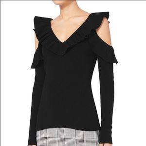 INTERMIX COLD SHOULDER RUFFLE SWEATER
